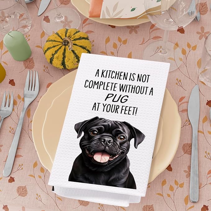 SPBL&L Black Pug Gifts for Women,Black Pug Dog Decor Kitchen Towels Set of 4, Decorative Hand Tea Dish Towels for Bathroom, 16x24 Inches