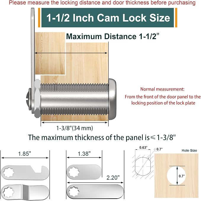 6 Pcs Cabinet Locks with Key, 1-1/2" Cabinet Lock Keyed Alike Cam Lock, Mailbox Lock Replacement Secure File Drawer Tool Box RV Storage Locks, Zinc Alloy