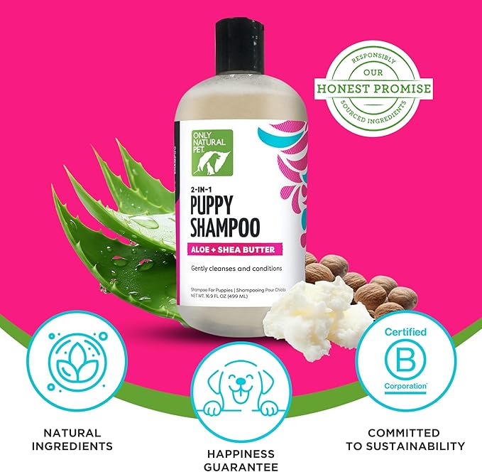 Only Natural Pet 2-in-1 Puppy Shampoo with Aloe & Shea Butter - Hydrating Dog Shampoo for Puppies with Sensitive Skin & Coat, Moisturizing Plant-Based Formula, No Fragrance - 16.9 oz