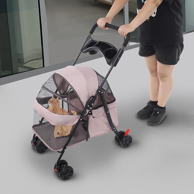 Foldable Pet Stroller with Mesh Windows, 40lbs Capacity Pet Carrier Cart with Locking Wheels, Breathable Cat & Dog Stroller for Small Animals, Foldable Pet Travel Cart for Outdoor (Pale Pinkish Grey)