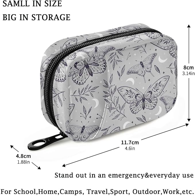 Fustylead Boho Magic Gray Space Elements Stars Butterflies Pill Organizer Travel Portable Zipper Cloth Bag for Holding Weekly Supplements Vitamins and Fish Oils