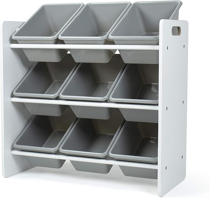Humble Crew 9-Bin Toy Organizer – Explorer Natural White/Grey Plastic Bins, 3-Tier Storage Solution for Kids' Playrooms and Nurseries