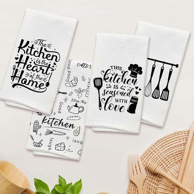 Funny Kitchen Towels and Dishcloths Set of 4, Black and White Decorative Hand Towel Drying Cloth for Bathroom Cooking Baking, Housewarming Gift for Hostess, Women, 16x24 Inches -04