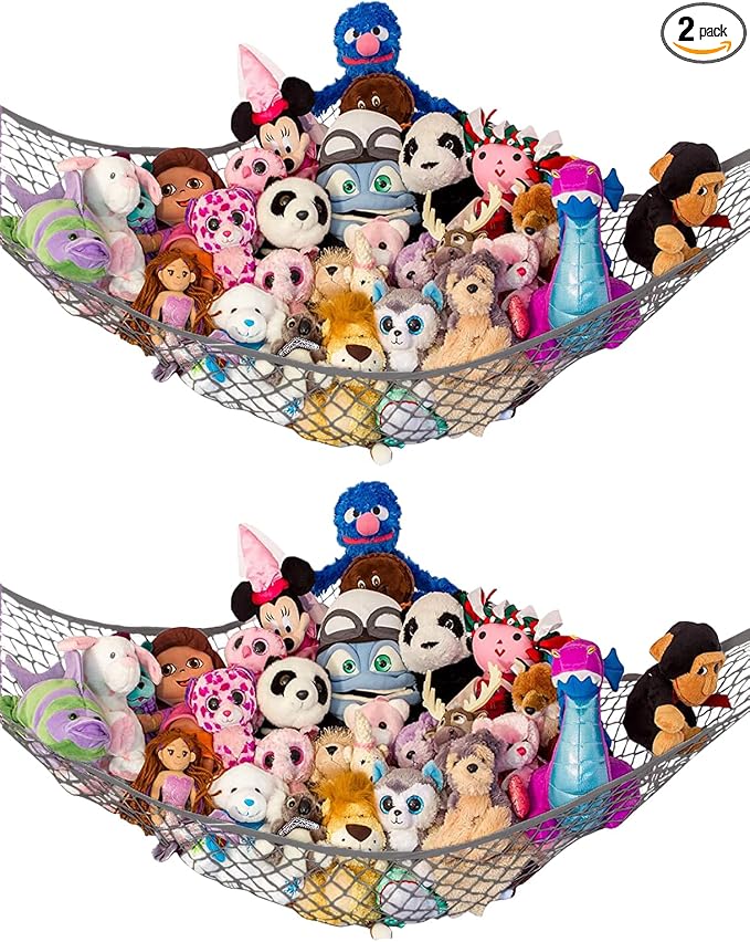 Stuffed Animal Hammock 2 Pack | Corner Stuffed Animal Storage & Plushie Net | Toy Hammock for Stuffed Animals | Holds 12lbs | Easy Hang, All Hardware Included | Gray Bedroom Decor | by Lilly's Love