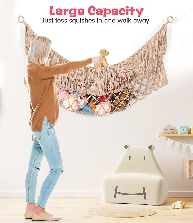 Stuffed Animal Hammock - Extra Large 63'' Long (Creamy Brown) | Premium Cotton Hand-knitted, Beautiful Long Tassel, Storage Hanging Organizer, Can Fit Stuffed Animals 40 Piece or More