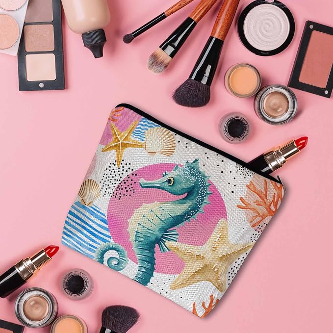 Makeup Bag Seahorse Makeup Bags For Purse Pouch, Sea Animal Coral Reef Seashell Seahorses Travel Toiletry Bag Cosmetic Bag Makeup Bags Flax Makeup Organizer Bag Pencil Pouch For Man Woman