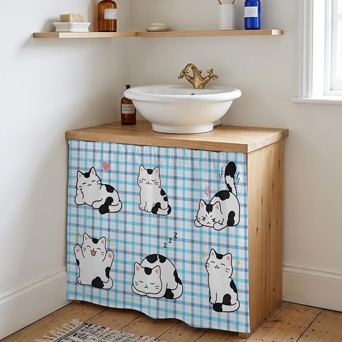 Cute Cat Cabinet Curtain 35"Wx35"L, Dustproof Under Sink Skirt with Self Adhesive Tape, Modern Playful Pet Cats Blue Purple Plaid Cabinet Curtain Cover for Kitchen Sink, Bathroom Vanity, Laundry Room