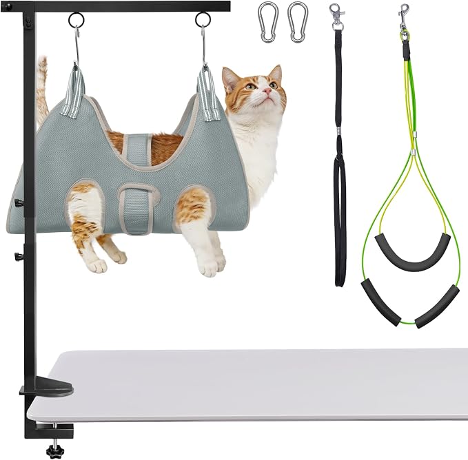 Dog Grooming Arm with Hammock, Height 27"-38", Size M, Grey | Foldable table arm with no-sit holder and restraint loops; ideal for small and medium pets at home or in salons.
