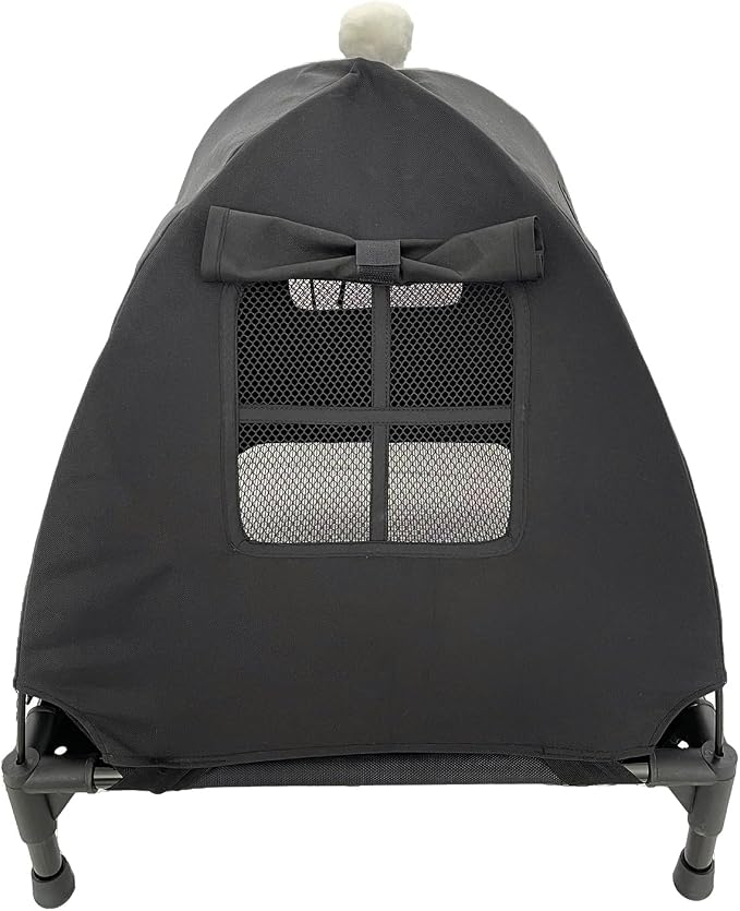 Pozico Elevated Pet Bed with Breathable Mesh for Small Cat and Dog, Raised Cooling Pet Cot for Puppy and Kitty, 18.9x18.9 inch (Black Bed with Canopy)
