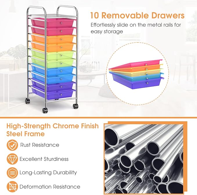 10 Drawer Rolling Storage Cart, Organization Cart with Drawers for Craft Makeup Paper Tool Art Supply, Versatile Utility Cart on Wheels for Home Office Classroom School (Rainbow)