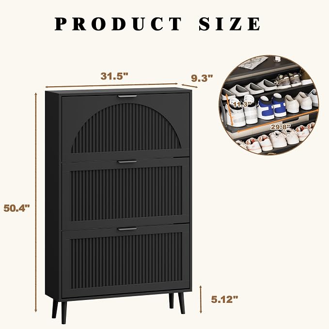 Shoe Storage Cabinet with 3 Flip Drawers, Narrow Wood Shoe Organizer Cabinet with Fluted Panel, Slim Shoe Rack for Entryway, Freestanding Shoe Cabinet for Living Room, Hallway, Black