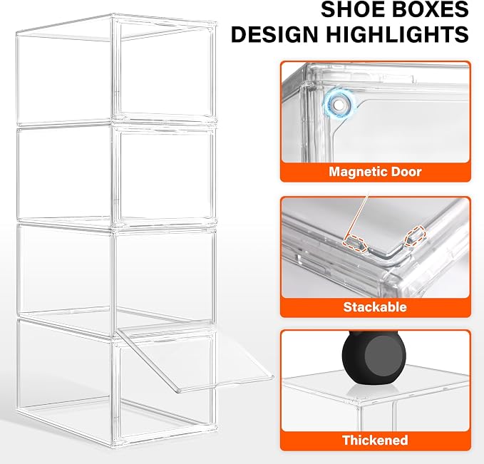 12 Pack Clear Acrylic Sneaker Boxes Fits Size 13, Drop Front Magnetic Door | Deep Narrow-front Boxes for Sneakers, Athletic Shoes, High-top Styles Shoes. Space Saving Storage.10.6 x 14.2 x 9.1 in