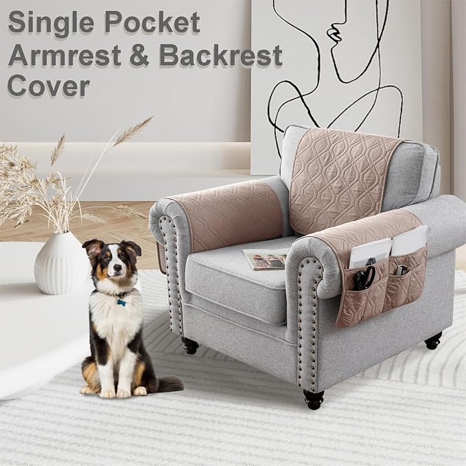 Recliner Armrest Cover with Headrest, Chair Armrest Slipcover with Side Pockets, Water-Resistant, Non Slip Furniture Protector for Pets(Apricot,2 Seater 4PCS)