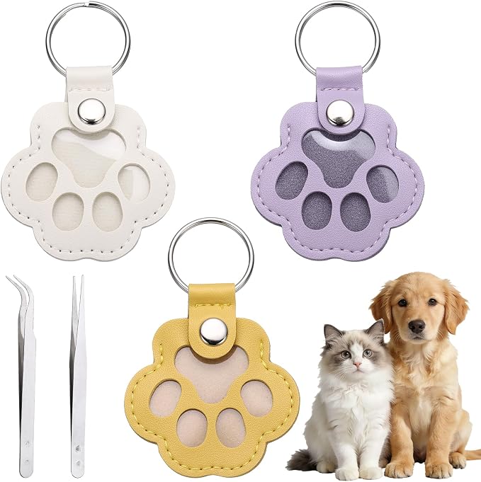 Dog Fur Storage Keychain, Pet Fur Keepsake Keyrings, Paw Shaped, Pet Hair Keepsake Keychains with Tweezers