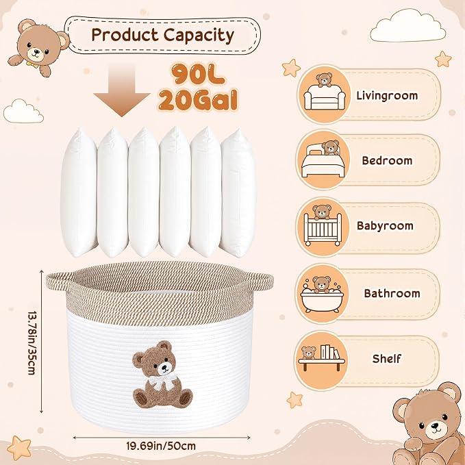 LemonRoad Extra Large Basket 20"x14", Woven Basket for Laundry Blanket Toy Box with Handle Storage, Blanket Storage for Living Room Nursery Pillows Chest(Cotton Rope,Bear,Brown White)