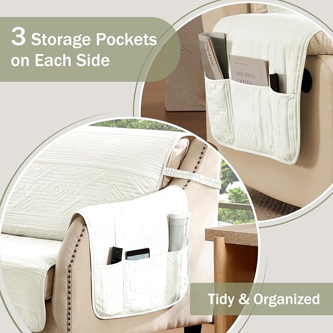 Boho Quilted White Couch Cover with Pockets for Extra-Large Sofa Pet Friendly, Anti-Slip Oversized Sofa Cover with Pockets, Water-Repellent Couch Covers Washable (X-Large Sofa 78", White)