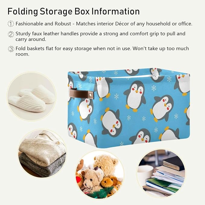 Christmas Snow Penguin Blue Print Rectangular Storage Bin Basket with Handles - Organizer Bins Laundry Storage Basket for Pets Room Books Closet