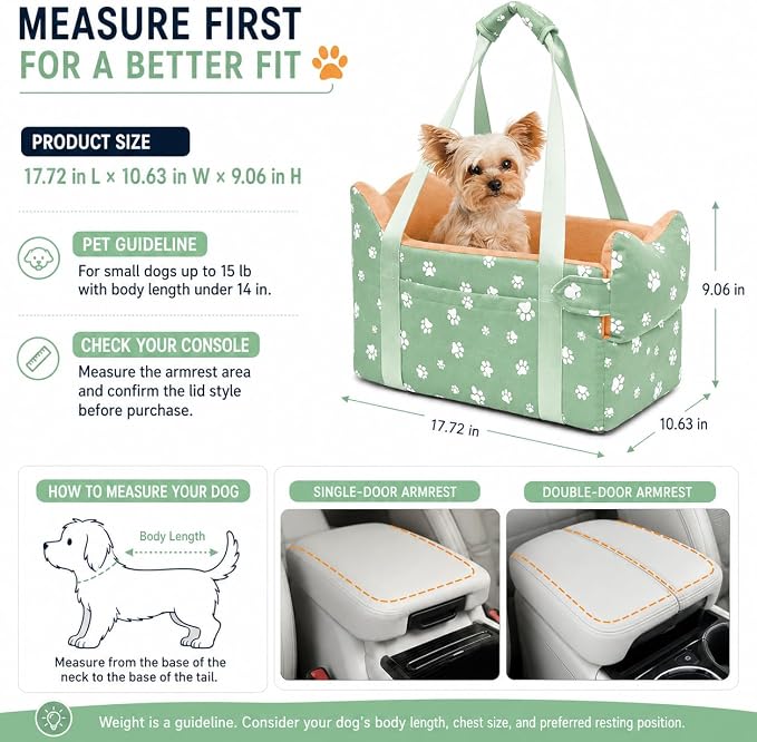 Dog Center Console Car Seat for Small Dogs Under 15lbs,Detachable Washable Booster Pet Car Seat Travel Bed with Storage Pockets and Seat Belt(Green)