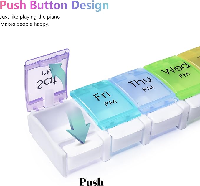MOLN HYMY Large Pill Organizer 2 Times a Day, AM PM Pill Box 7 Day, 14 Dividers 2 Week Medicine Pill Organizer with Easy Push Button for Medication, Vitamins, Fish Oils, Supplements