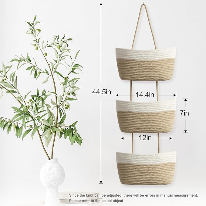 TeoKJ Over the Door Hanging Basket, 3-Tier Woven Cotton Wall-Mounted Storage Organizer Bag Decorative Hanging Nursery Baskets, White & Jute
