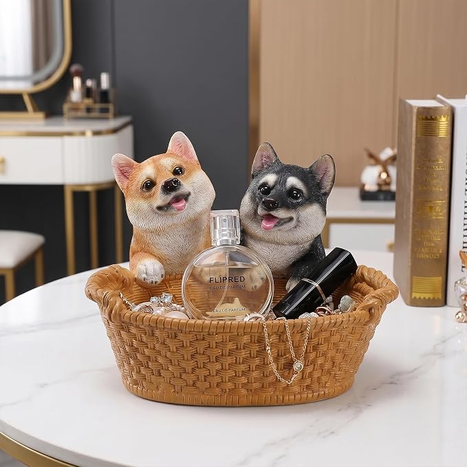 Resin Double Shiba Inu Desktop Storage Basket, Decorative Catchall Bowl & Key Tray for Entryway Table, Cute Dog Statue Organizer, Pet Lover Gift