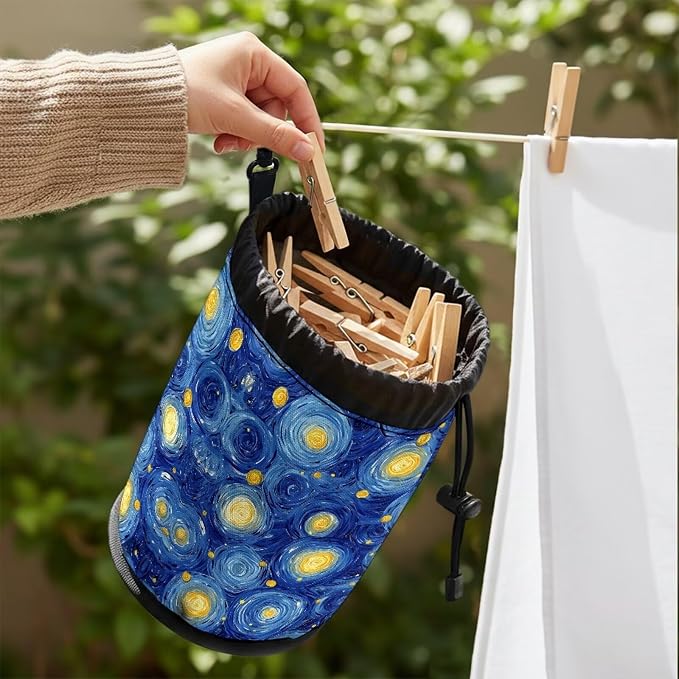 Moon Star Clothespin Bag with Drawstring Closure, Laundry Peg Organizer Pouch with Multi-Hanging Loop, Portable Storage for Clips, Perfect for Drying Rack, Camping, Home