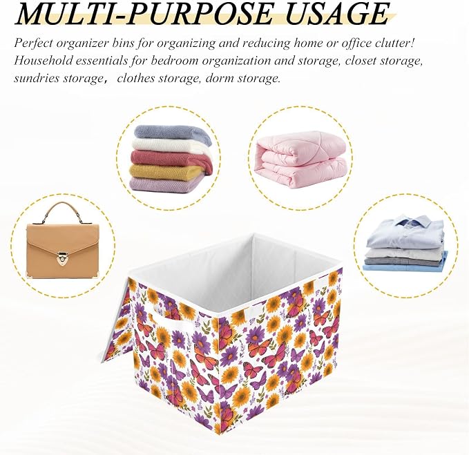 Butterfly Floral Storage Bins with Lids Closet Bedroom 40L Storage Basket | Decorative Storage Boxes, Foldable & Stackable, Dust-Proof Flip Top, Reinforced Handles, For Home & Dorm, Clothes & Toy Box