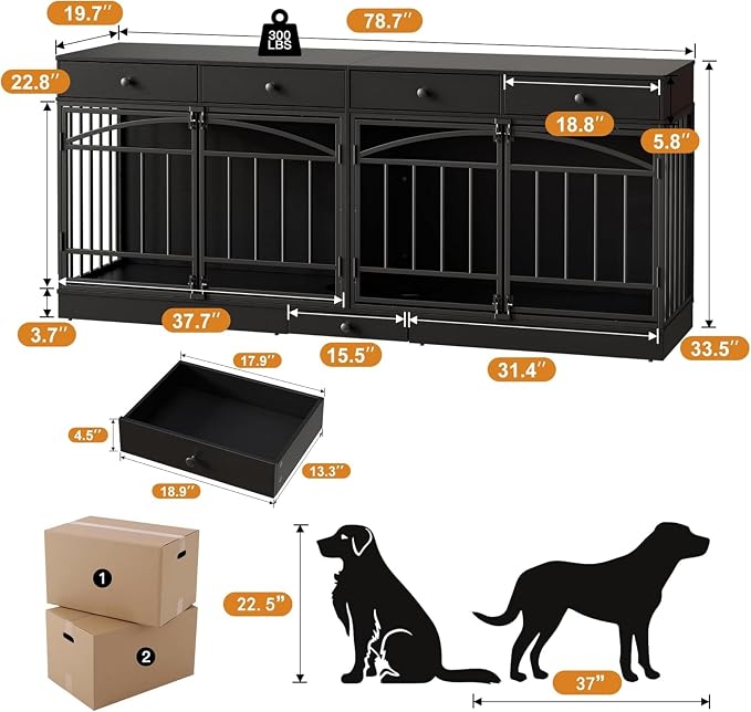 Dog Crate Furniture for 2 Dogs, Double Dog Crate TV Stand, Black | 78.7'' Large Dog Kennel Indoor, 4 Storage Drawers and Feeding Bowls, Pet Kennel for Small and Medium Dogs