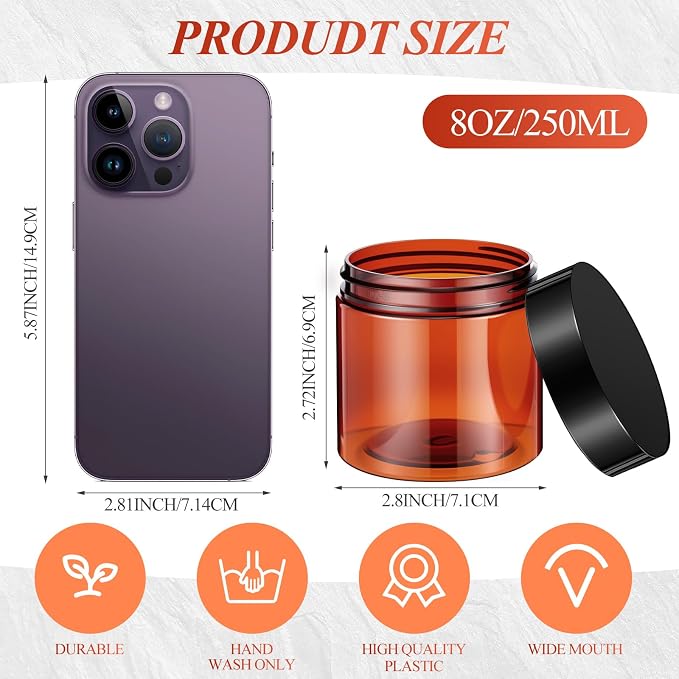 Patelai 60 Pcs Plastic Containers with Lids, Round Leakproof Cosmetic Containers, Multipurpose Storage Jars for Makeup, Lotion, Ointment, Rhinestone Samples, Dry Food and Toiletries(Amber,8oz)