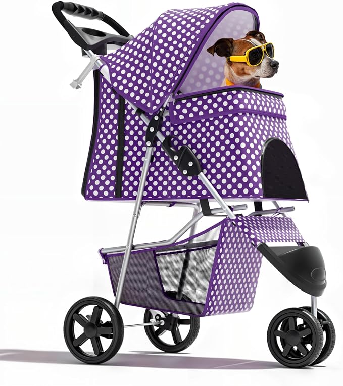 Magshion 3-Wheel Pet Stroller for Small/Medium Dogs & Cats, Up to 33lbs | Foldable Travel Jogger w/ Breathable Mesh Cover, Lightweight Design, Safety Tethers, Cup Holder & Storage Basket
