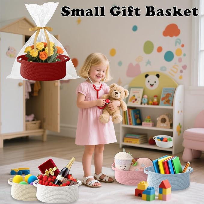 Red Woven Rope Basket - Baby Gift Basket with Bag & Ribbon | Cotton rope with handle, 12x8x5 in, gift bag and ribbon, for baby shower, birthday, toy storage, nursery, shelf decor