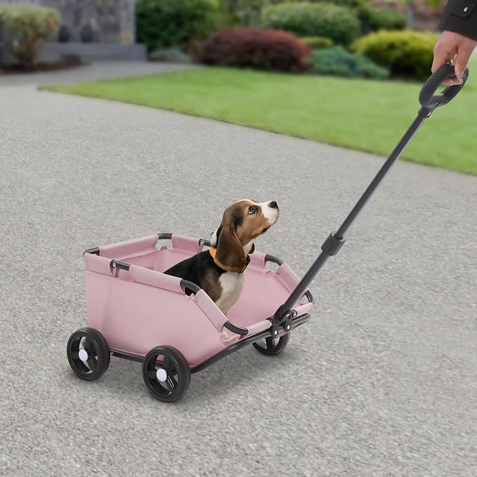 Mini Dog Strollers, 4 Wheel Foldable Dog Stroller, Portable Pet Carrier Dog Cart w/Side Storage Pocket Adjustable & 360° Rotatable Pull Rod for Small Pets Travel Shopping Walking (Pink)