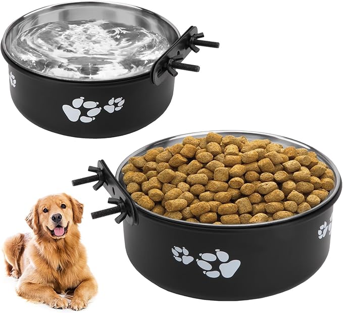 Stainless Steel Dog Crate Bowls Hanging No Spill 2 PCS - Adjustable Mountable Kennel Bowls for Medium/Large Dogs, Anti Spill Water & Food Bowl Set (Black, L(6.3"+7.1"))