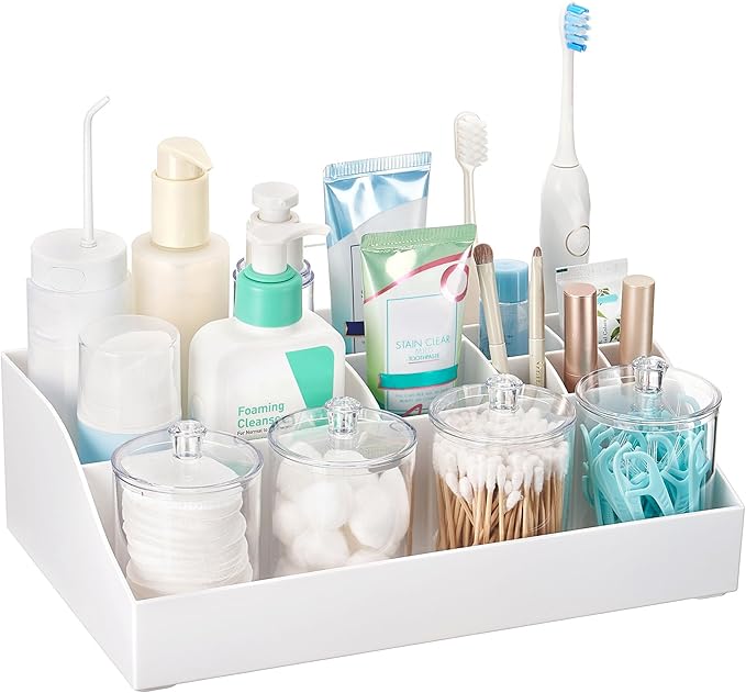Vtopmart 5 PCS Bathroom Countertop Organizer Sets, White | 1 Divided Tray with 4 Qtip Holder Jars, For Toothbrush, Cotton Pads Balls, Floss, For Bathroom Countertop