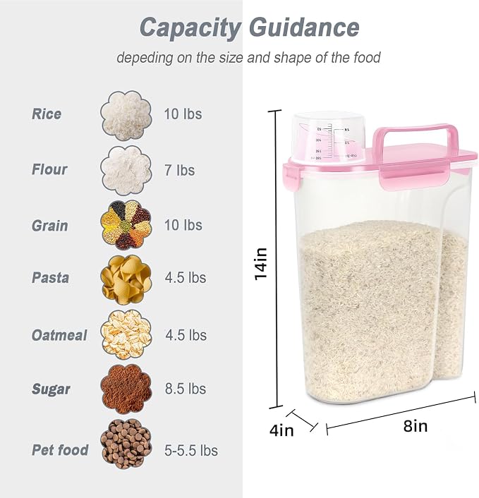 LEAWALK Airtight 10LBS Rice/Cereal/Dry Food Storage Container BPA Free, 5.28Qt Clear Plastic Kitchen and Pantry Organization Bin Suitable for Oats, Flour, Sugar, Pasta, Pet Food, etc (Rose Pink)