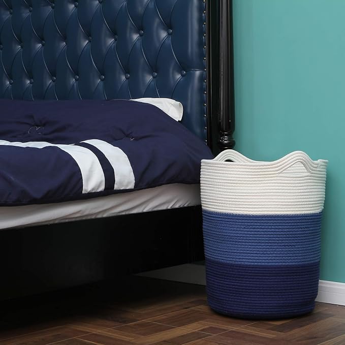 Sea Team Large Woven Cotton Rope Laundry Basket with Handles, 20 x 14 in | Collapsible Knitted Hamper, Closet Shelf Organizers, Containers for Clothing, Blankets, Toys, Bedding, Navy