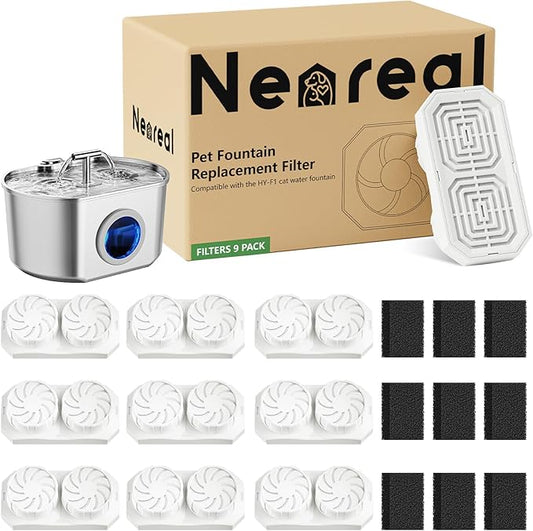 Neareal Official Cat Fountain Replacement Filters & Pre-Filter Sponges for 74oz/2.2L Stainless Steel Pet Water Fountain (9 Pack)