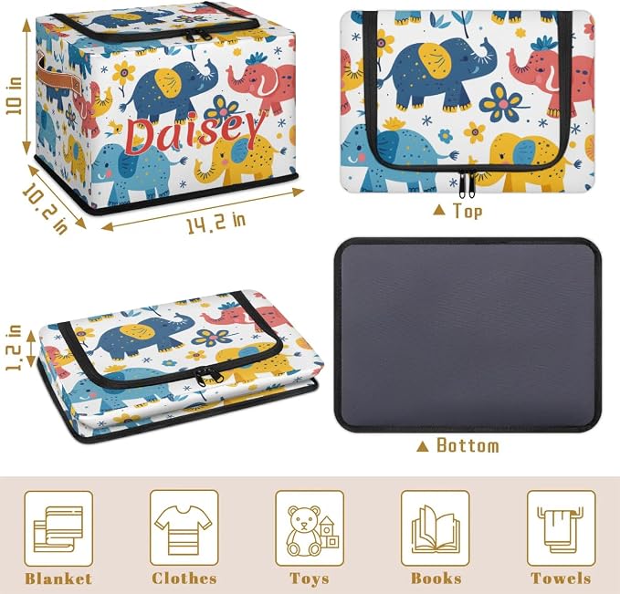 Custom Cute Elephant Storage-Bin With Zipper Lid for Kids-Girls-Boys-Baby-Pet,Personalized Name Foldable Storage Box with Handle,Baby Basket With Label for Bedroom Nursery Toy Clothes,Multi