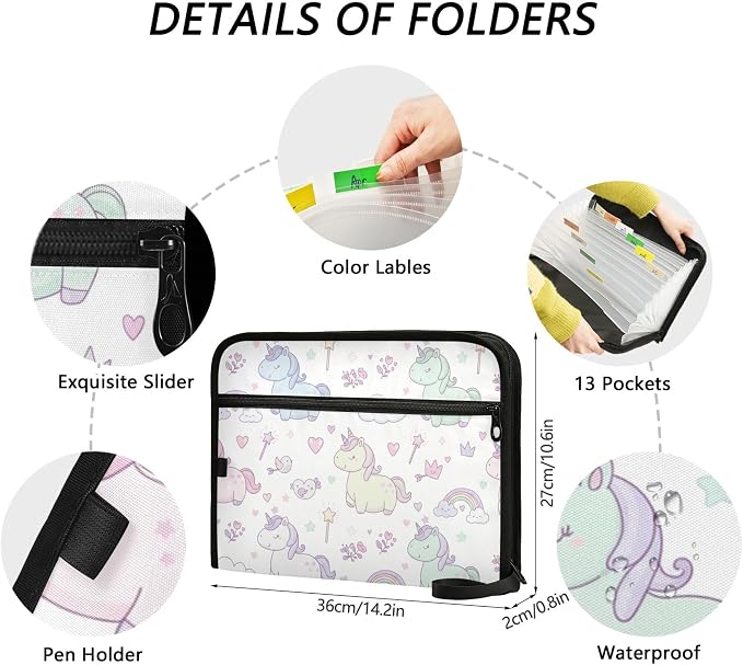 Fairy Tale Unicorns Expanding File Folder with Sticky Labels, 13 Pockets Accordion File Folder Document Organizer Expandable Zip File Folder with Zipper Closure