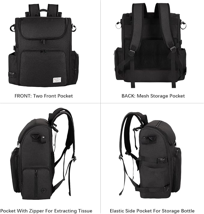 Modoker Multi-Compartment Dog Travel Backpack for Pet Supplies, Black | Dog Travel Accessories Organizer with 2 Food Bags, 2 Bowls, Quick-Access Pockets, Tissue Opening, Luggage Sleeve, Feeding Mat