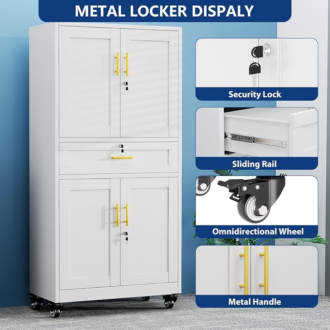Ckzbx Metal Garage Storage Cabinet with Locking Drawers and Adjustable Shelves,71" H Rolling Tool Storage with Wheels for Garage,Office (White)