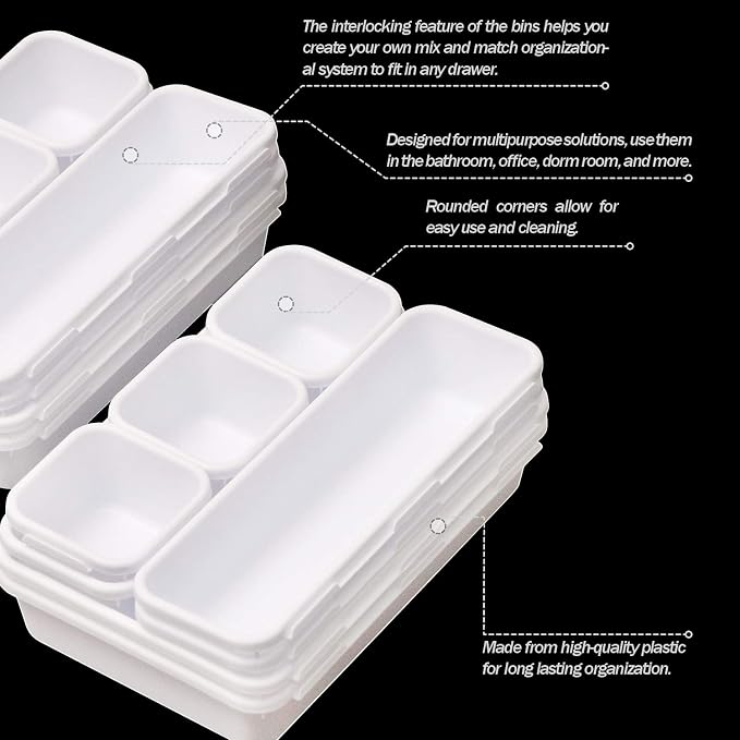Set of 24 Interlocking Desk Drawer Organizer Tray Dividers Plastic Shallow Narrow Drawers Organizers Separators Storage Bins Container for Kitchen Bathroom Makeup Office Vanity Bedroom Dresser White