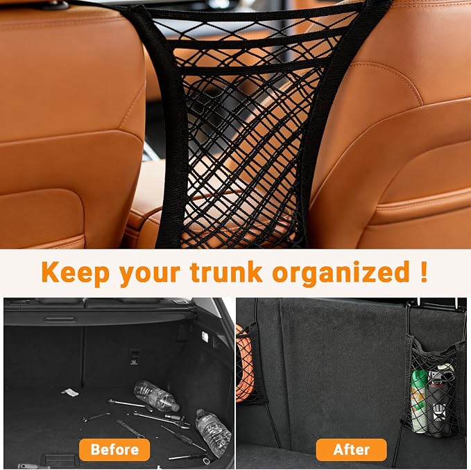 3-Layer Car Mesh Organizer - Backseat Storage & Pet Barrier for Small Dogs | 11"x8.3" net fits headrests or between seats. Holds bottles, umbrellas, tissues, toys. Keeps small dogs (<22lb) from front.