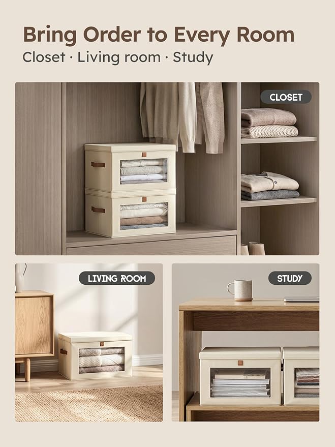 Medium Fabric Storage bins - Collapsible Storage Bins with Open Window, 4 Pack Closet Baskets for Shelves, Stackable Decorative Boxes for Home, Dorm, Beige, 13.7"x 9.8" x 9.8"