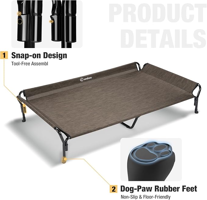 Veehoo Cooling Elevated Dog Bed, Raised Dog Cot with Guardrail & Headrest | Washable Dog Couch Bed for Indoor & Outdoor, Durable Breathable Teslin Mesh, Non-Slip Feet, 51" x 34", XLarge, Brown