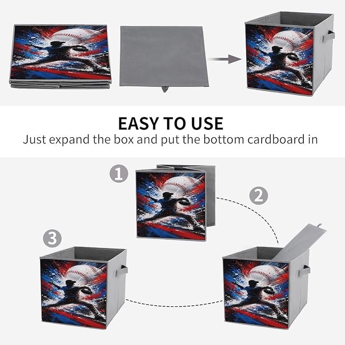 Baseball Player Pitching Action Art Storage Bin with Handles, Oxford Fabric Foldable Storage Cube Organizer for Clothes, Towels, Bedroom, Living Room, Home Organization