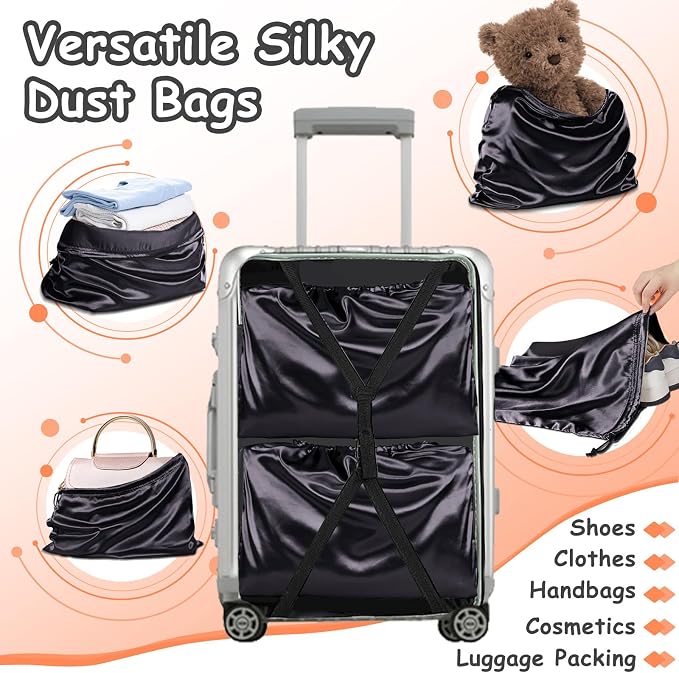 RUDONG M Satin Dust Bags for Handbag, Black, 4 Pack | Silky Dust Cover, Drawstring, For Storage & Travel, For Purse Clothes Shoes