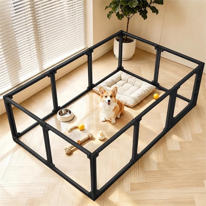 FlexiSpace Adjustable Clear Dog Play Pen, Expandable & Stackable Acrylic Dog Playpen, ONLY Dog Play Pen Indoors Grow with Your Pet Puppy Playpen (Black, 24", 10 Panels)