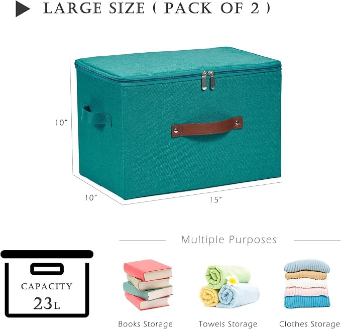 2PCS Storage Bins with Zipper Lids Decorative Lidded Basket Box | Clothes Container, Closet Shelf Organizer, Foldable Washable, Cotton Linen Fabric, w/ PU Leather Handles, Teal Blue, Large