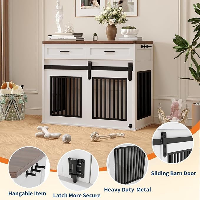 44.5'' Dog Crate Furniture with Hook and Storage Drawer, Wooden Dog Kennel with Sliding Barn Door Indoor Furniture Style Dog Crates End Table for Medium/Small Dogs (White)